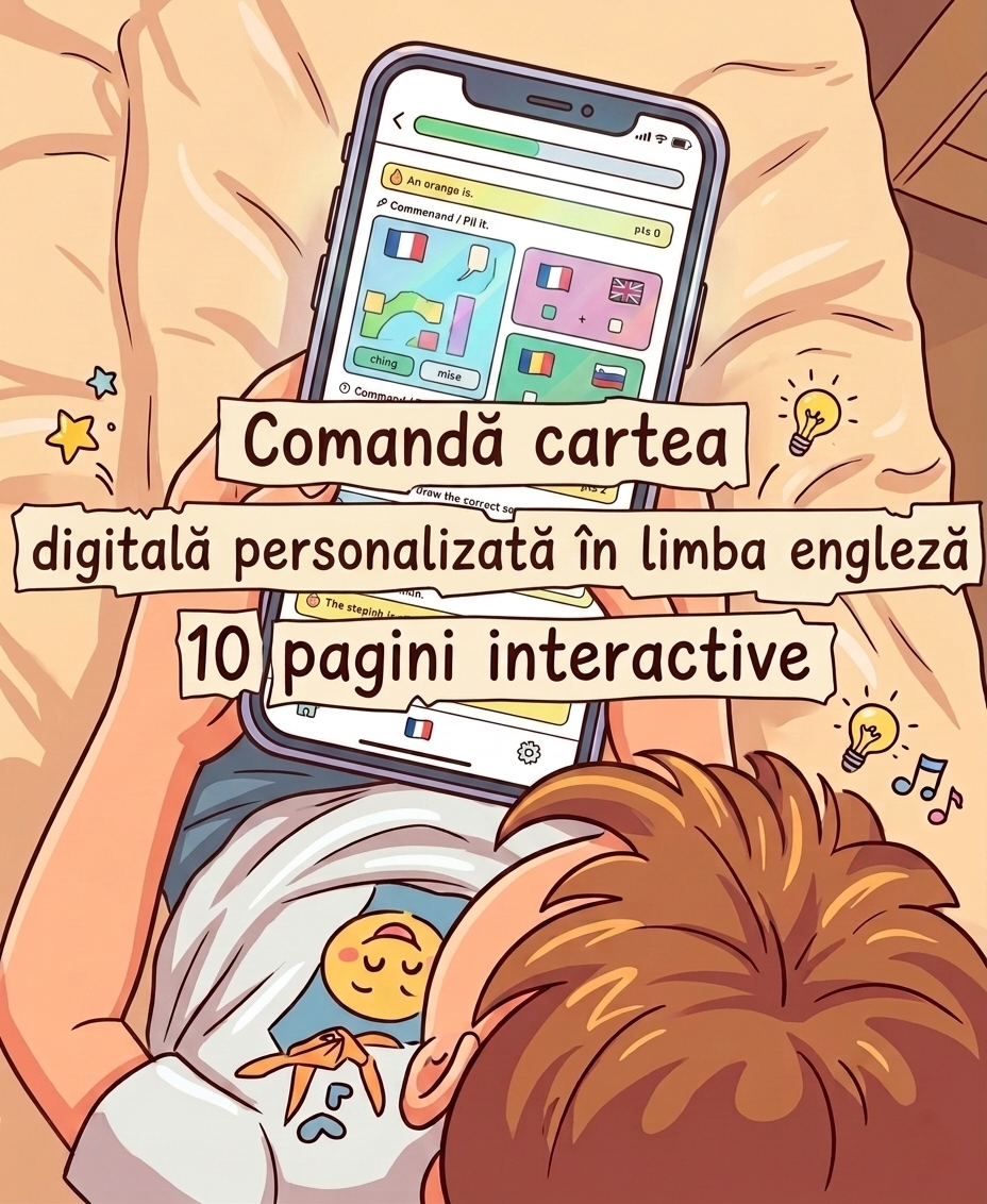 Copil învățând engleza cu cartea interactivă